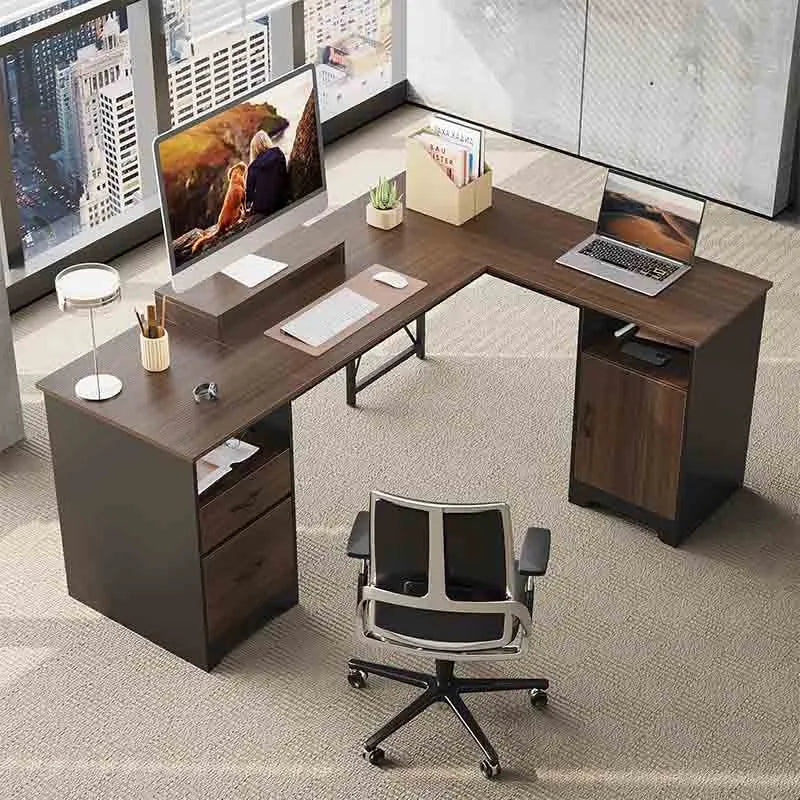 Brown Yoobure 47" L-Shaped Desk with Drawer & Storage Shelf