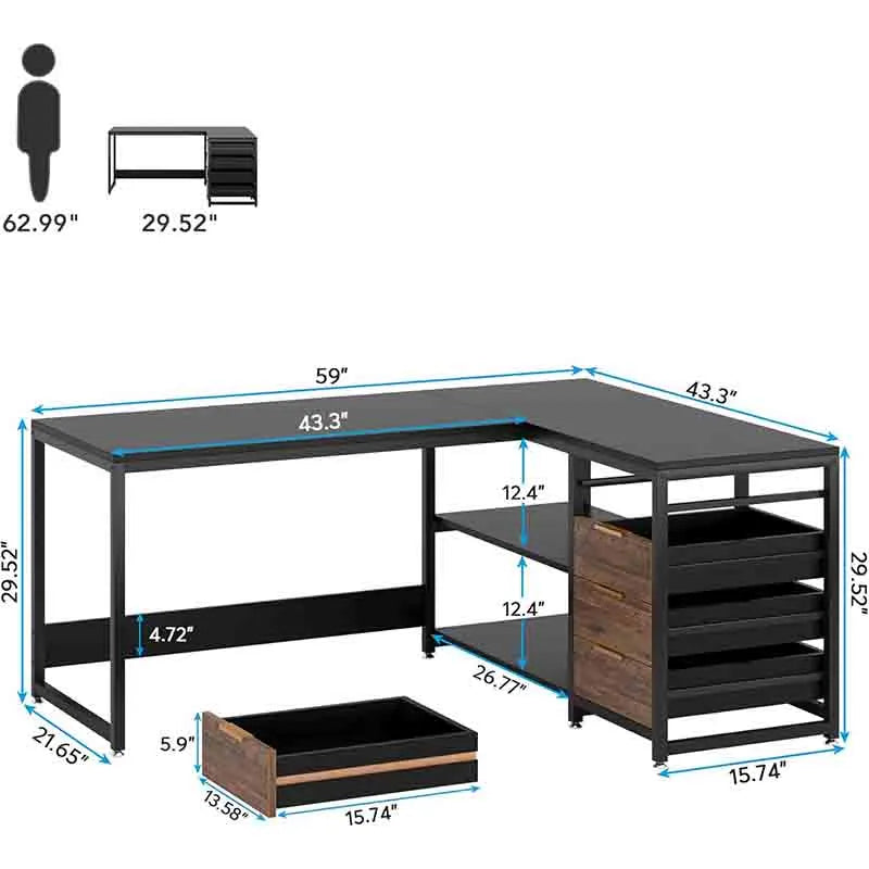 Yoobure 59" Reversible L-Shaped Desk with Shelves, Black