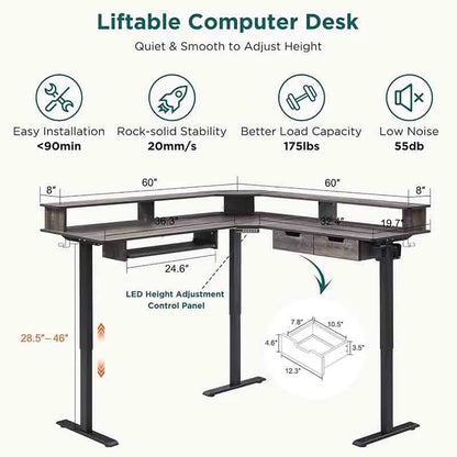 Yoobure 60" L-Shaped Electric Standing Desk, Rustic Oak