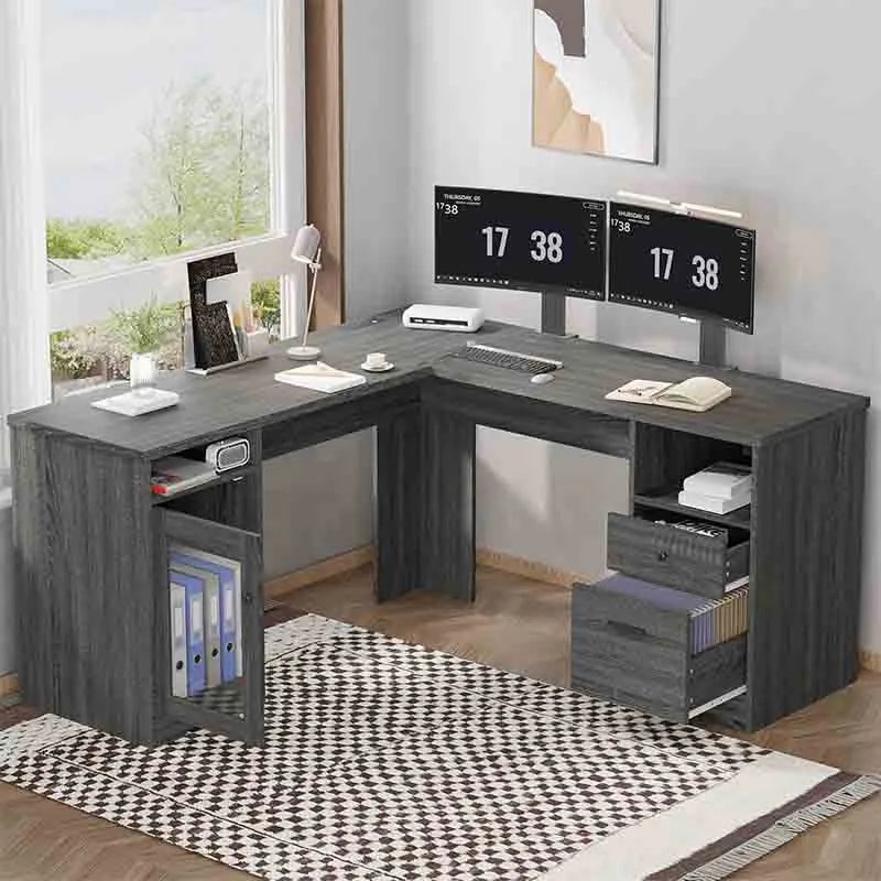 60" L-Shaped Desk with File Cabinet, Grey