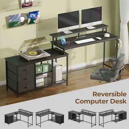 Black Yoobure Corner Desk with Storage Shelves & Monitor Stand