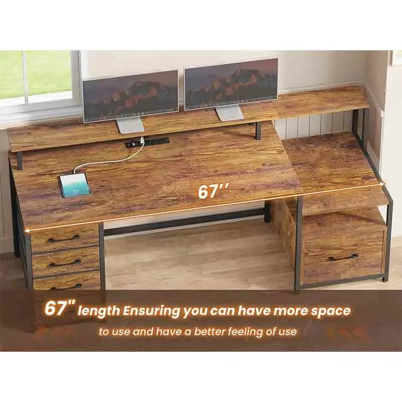 Brown Yoobure 66'' Computer Desk with 5 Drawers