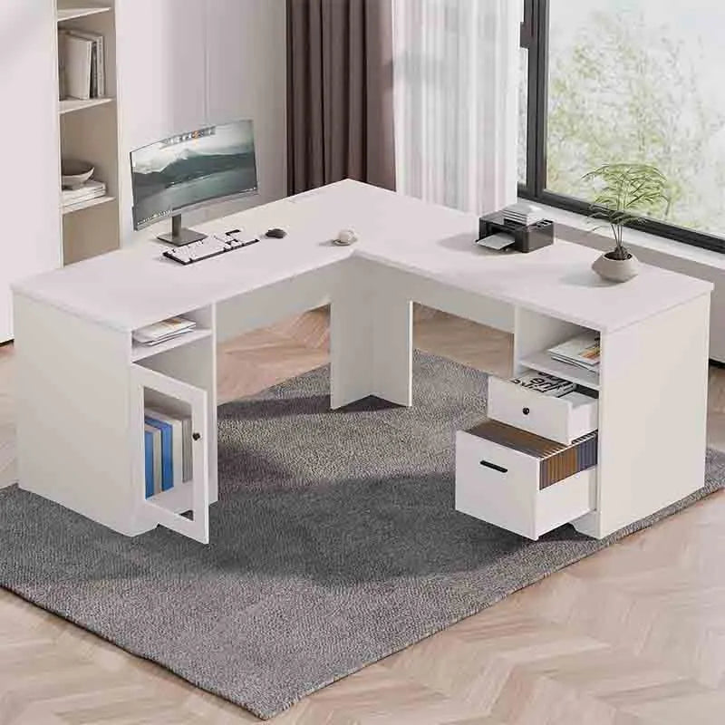 60" L-Shaped Desk with File Cabinet, White