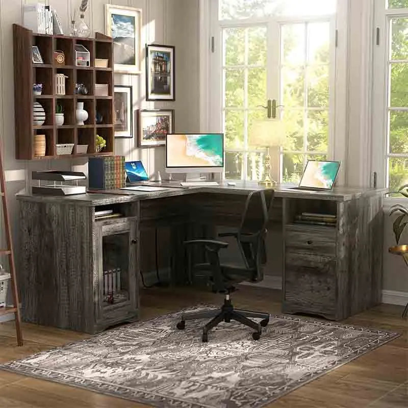 Yoobure 60" L-Shaped Desk with Drawers, Corner Desk