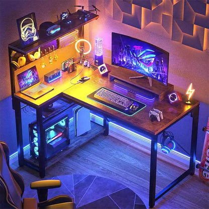 Small Gaming Desk with Power Outlets & Pegboard, Rustic Brown