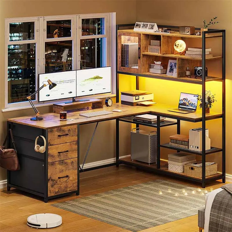 58" Office Desk with 3 Drawers & Bookshelf, Brown