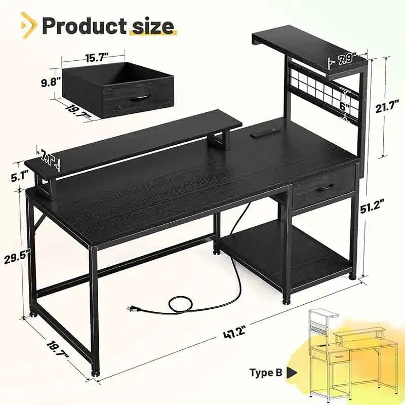 Black Yoobure 47" Office Desk with Power Outlets and Led Lights