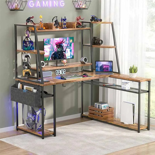 L-Shaped Gaming Desk with Hutch & Shelves, Rustic Brown