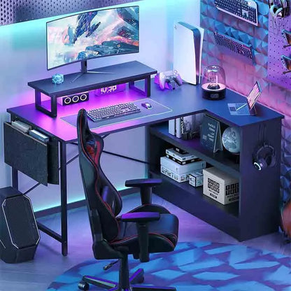 Yoobure Reversible L-Shaped Desk with LED Lights & Cabinet