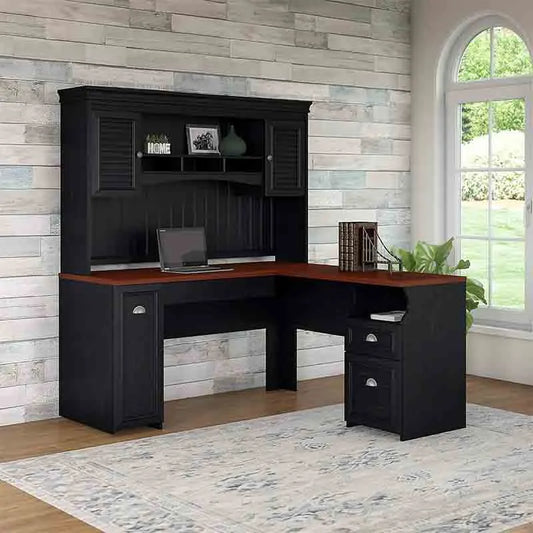 Black&Berry Brown Yoobure L-Shaped Desk with Hutch, Reversible Design