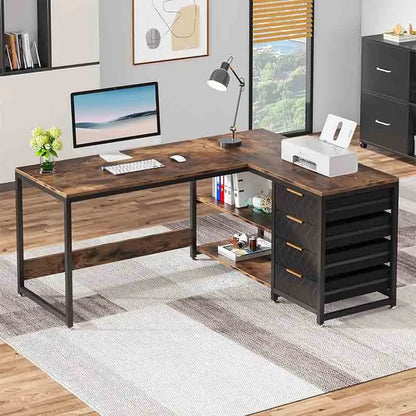 Yoobure 59" Reversible L-Shaped Desk with Shelves, Brown