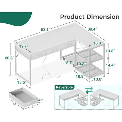 Yoobure 53-inch L-Shaped Computer Desk with 3 Drawers and Dual Compartments