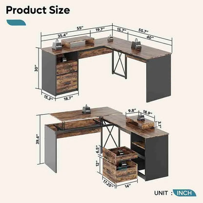 Yoobure L-Shaped Lift Top Desk with File Drawer, Brown