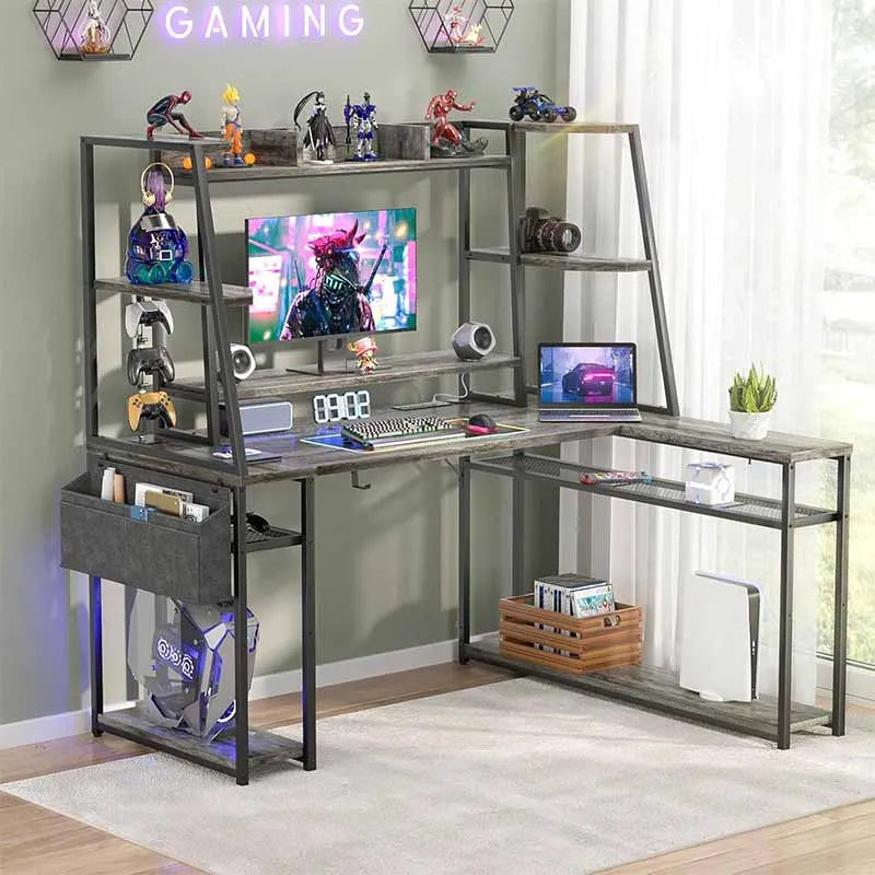 L-Shaped Gaming Desk with Hutch & Shelves, Grey Oak