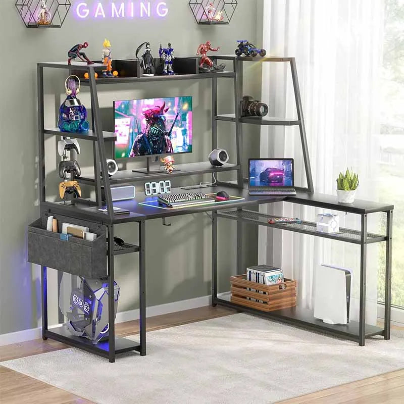 L-Shaped Gaming Desk with Hutch & Shelves, Black