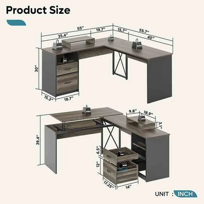 Yoobure L-Shaped Lift Top Desk with File Drawer, Grey & Dark Oak