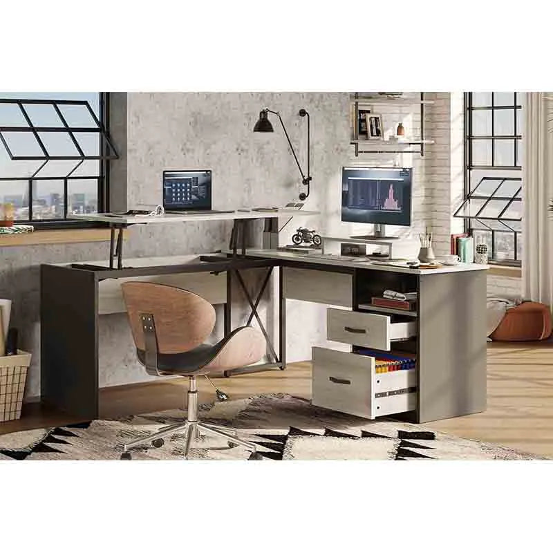 Yoobure 55" L-Shaped Desk with Bookshelf & Power Outlets