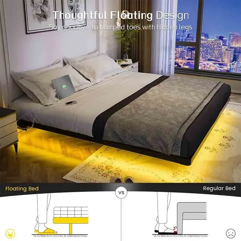 Yoobure floating bed frame with LED light and charging plug