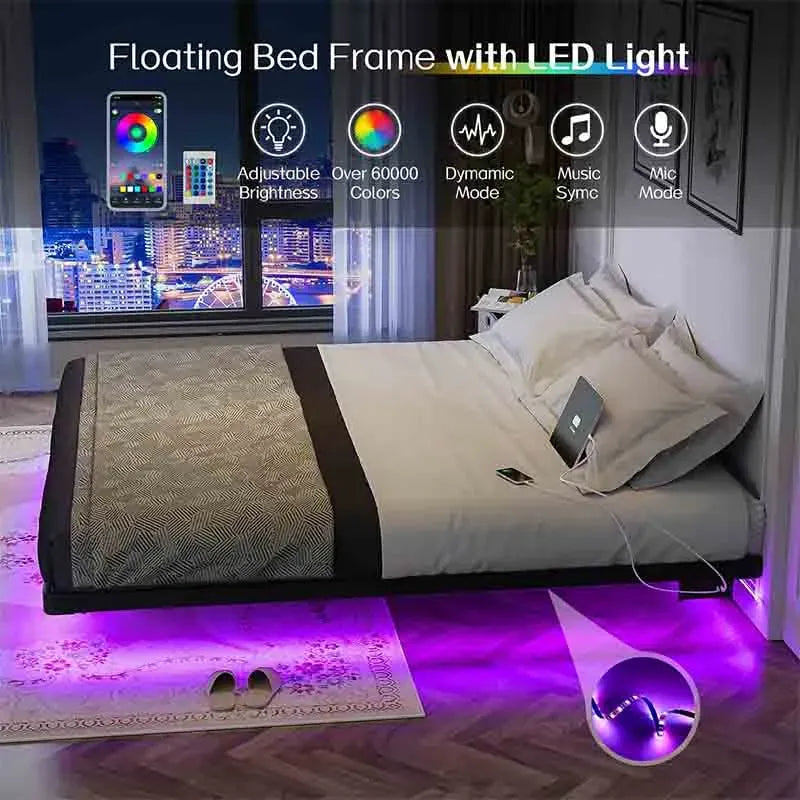 Yoobure floating bed frame with LED light and charging plug