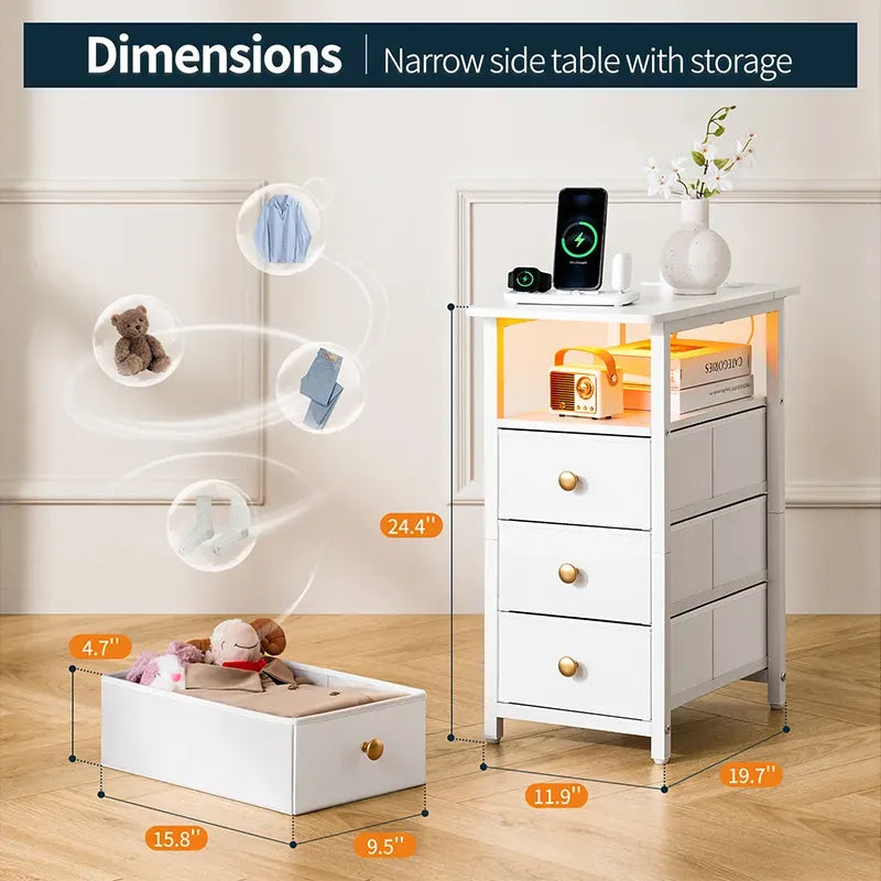 4-layer 3-drawer narrow side table with charging station