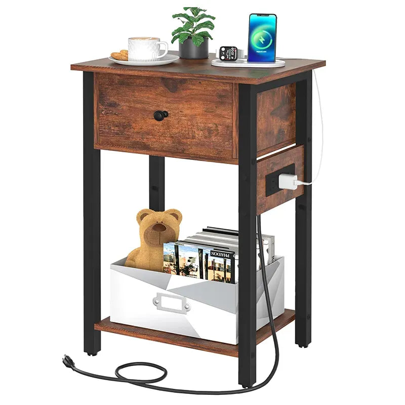 Yoobure nightstand with 1 wooden drawer and charging socket