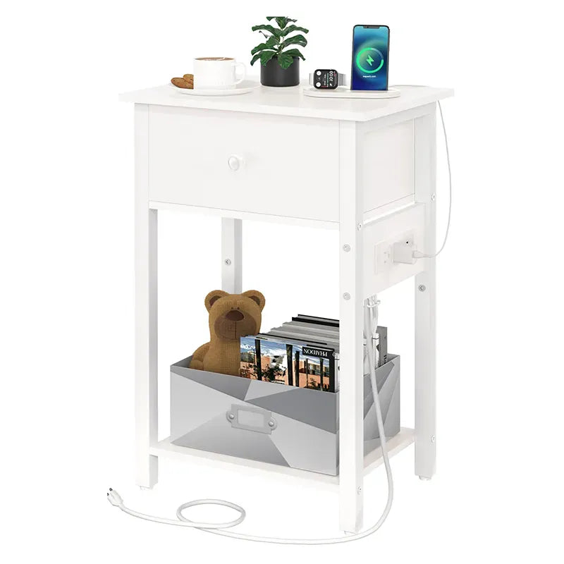 Yoobure nightstand with 1 wooden drawer and charging socket