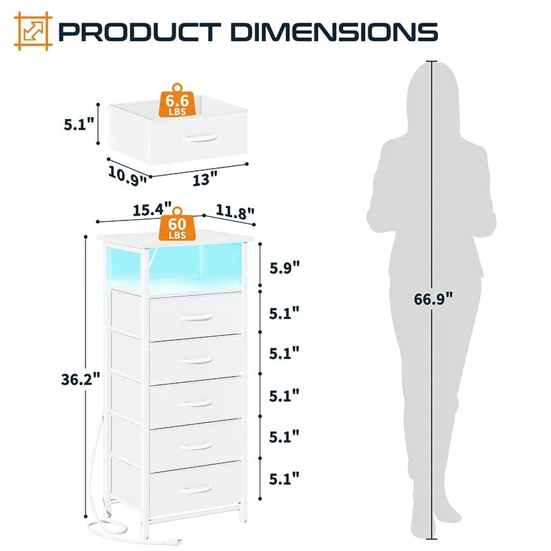 Yoobure 5-drawer nightstand with charging port and LED light settings