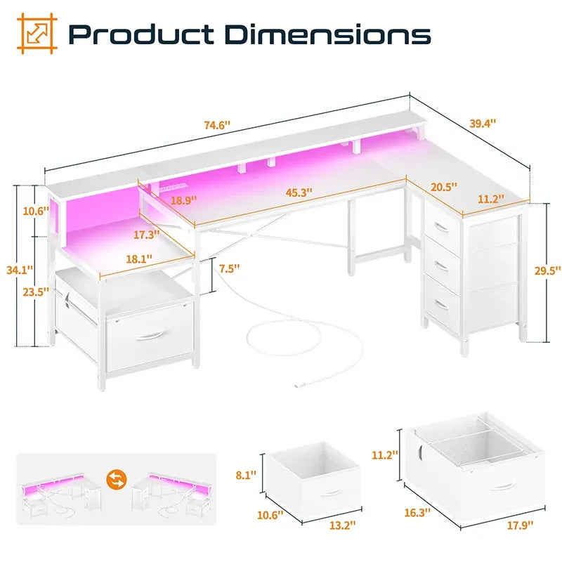 Yoobure 75-inch reversible computer desk with storage compartment and stand