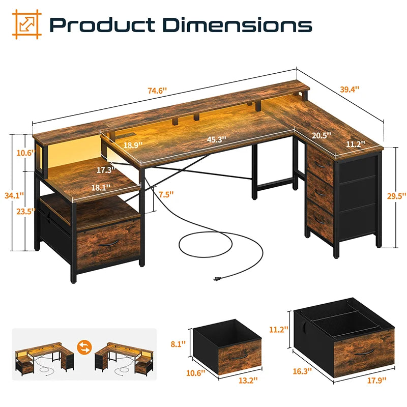 Yoobure 75" Reversible L-shaped Desk with Storage & File Cabinet