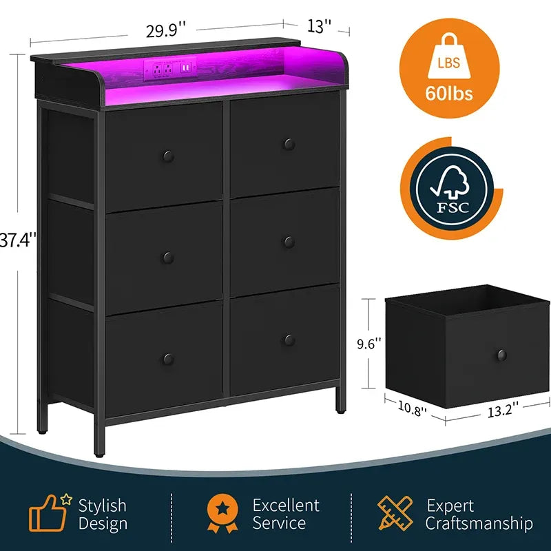 6 Drawer Integrated Charging Station Stand with LED