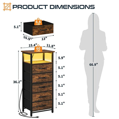 Yoobure 5-drawer nightstand with charging port and LED light settings