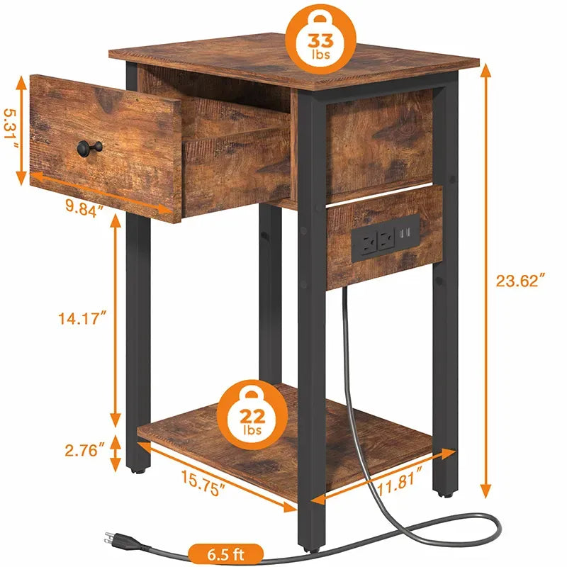 Yoobure nightstand with 1 wooden drawer and charging socket