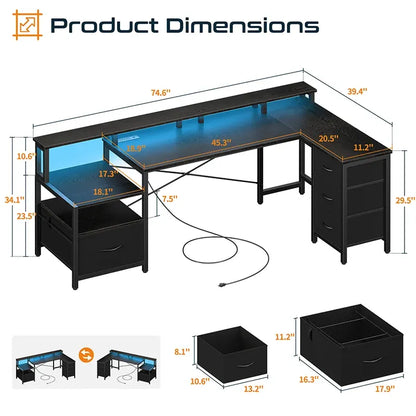 Yoobure 75-inch reversible computer desk with storage compartment and stand