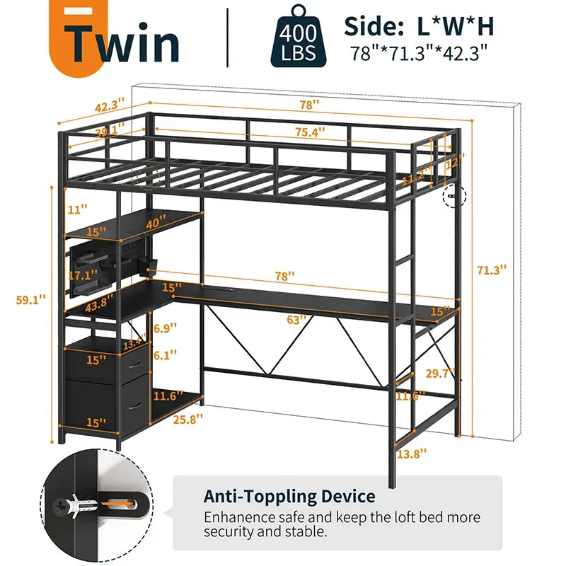 Yoobure Twin Size Loft Bed with Built-in Desk