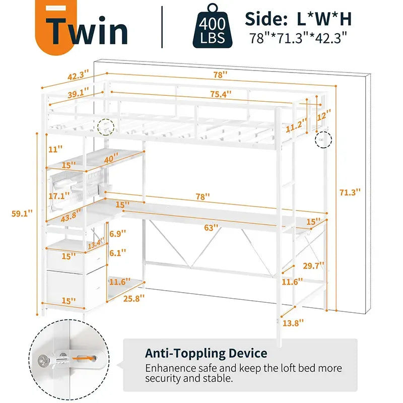 Yoobure Twin Size Loft Bed with Built-in Desk