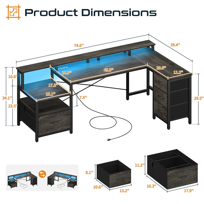 Yoobure 75" Reversible L-shaped Desk with Storage & File Cabinet