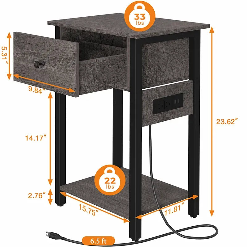 Yoobure nightstand with 1 wooden drawer and charging socket