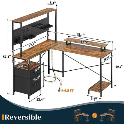 Yoobure L-shaped desk with wall plate and drawers