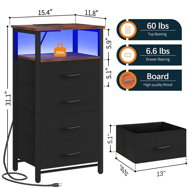 Yoobure 4-drawer nightstand with large capacity and LEDs