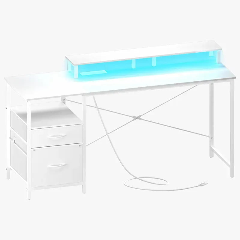 Home Utility Yoobure 55.1-Inch Two Drawer Computer Desk with a high-tech desk featuring RGB LED lighting, integrated power hub, ample storage, ergonomic design.