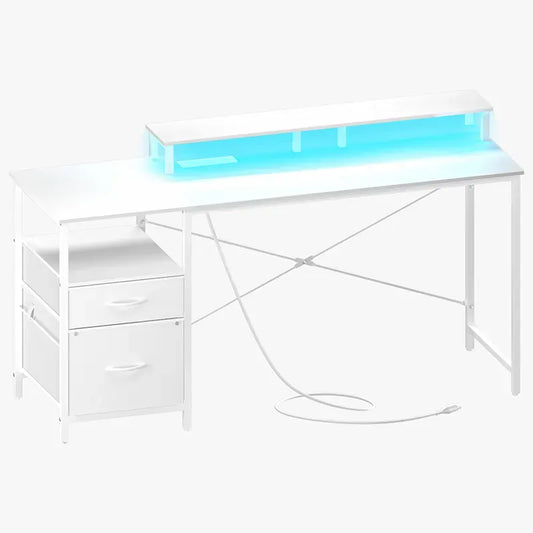 Home Utility Yoobure 55.1-Inch Two Drawer Computer Desk with a high-tech desk featuring RGB LED lighting, integrated power hub, ample storage, ergonomic design.