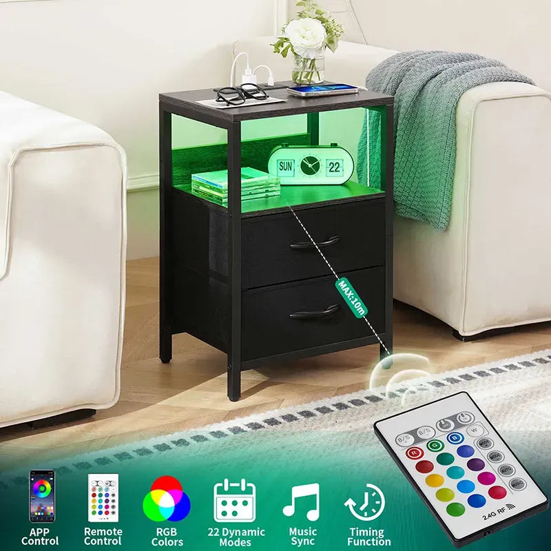 Yoobure 2-drawer bedside table with LED and charging plugs