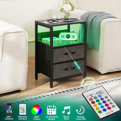 Yoobure 2-drawer bedside table with LED and charging plugs