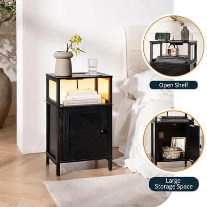 One Cabinet Door with Charging Station Yoobure Farmhouse Nightstand