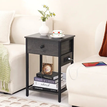 Yoobure nightstand with 1 wooden drawer and charging socket