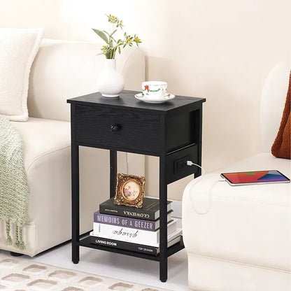 Yoobure nightstand with 1 wooden drawer and charging socket