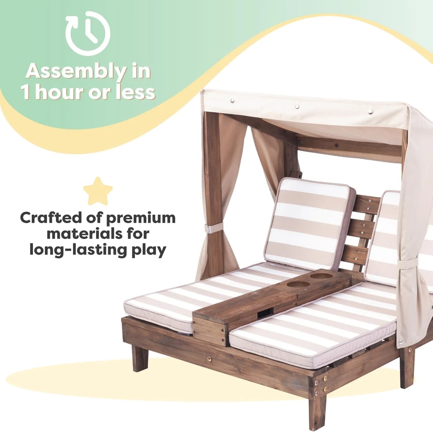 Yoobures Wooden Outdoor Double Chaise Lounge with Cup Holders