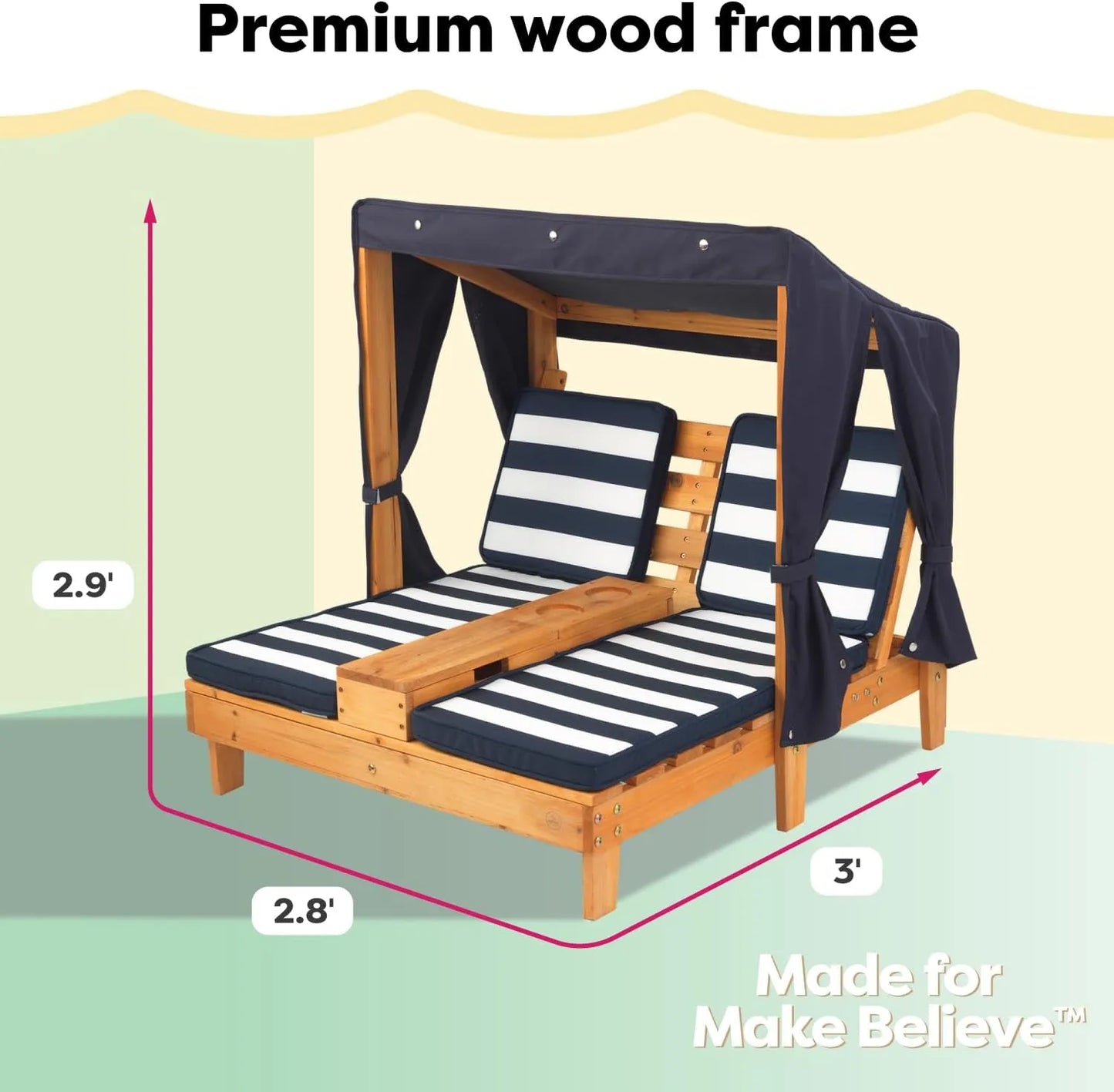 Yoobures Wooden Outdoor Double Chaise Lounge with Cup Holders