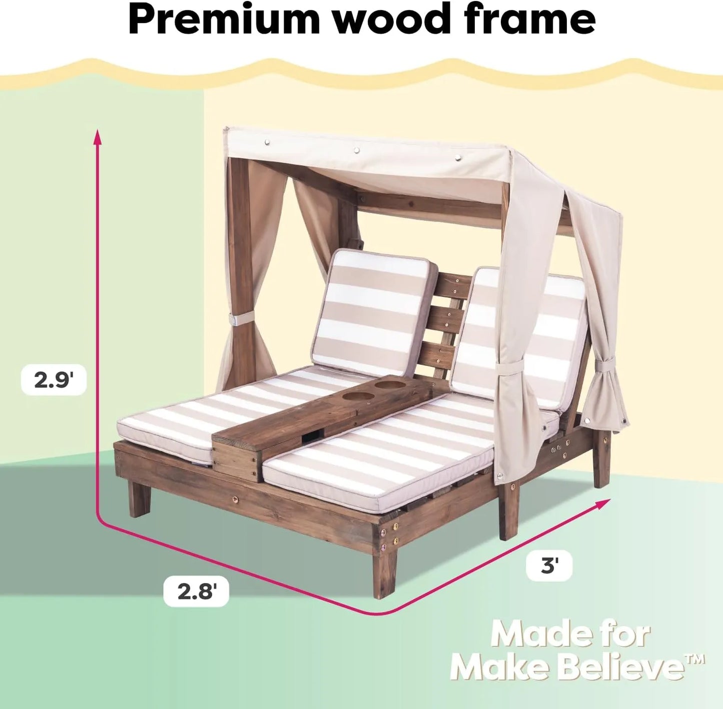 Yoobures Wooden Outdoor Double Chaise Lounge with Cup Holders