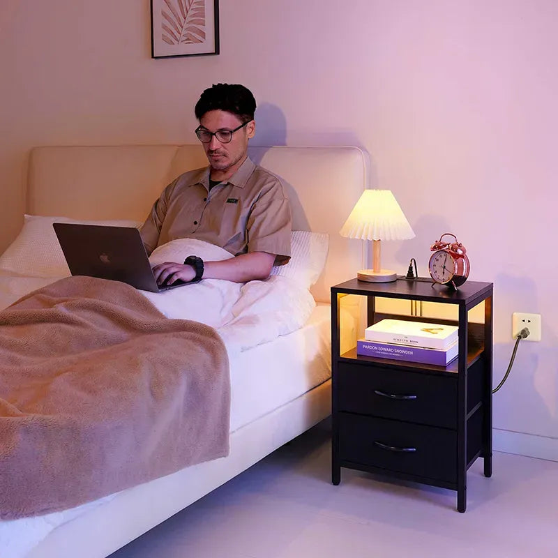 Yoobure 2-drawer bedside table with LED and charging plugs